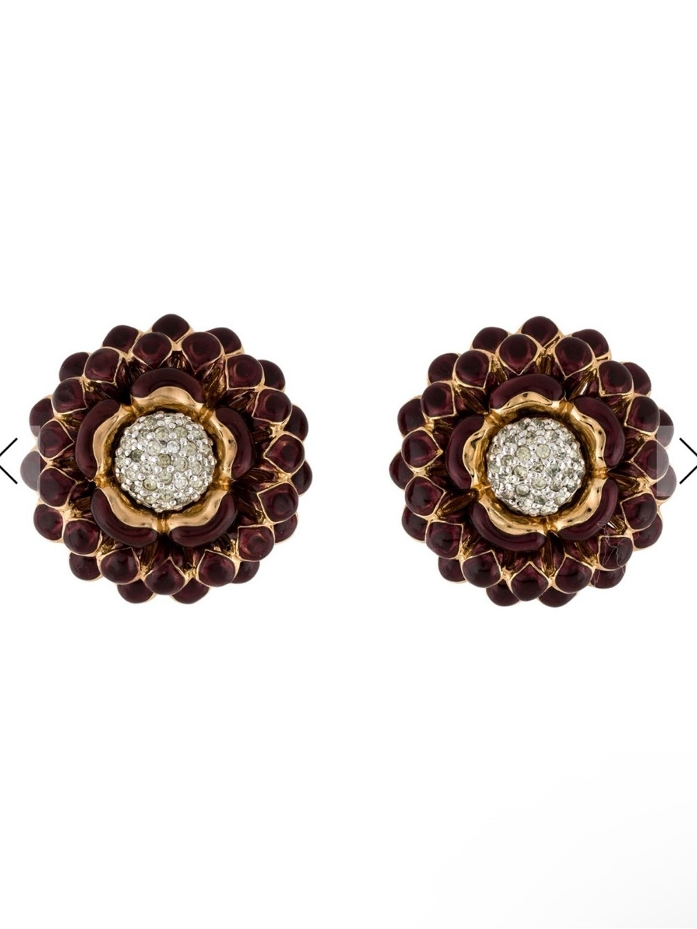 Judith Leiber Burgundy and Gold Enamel and Crystal Flower Clip on Earrings